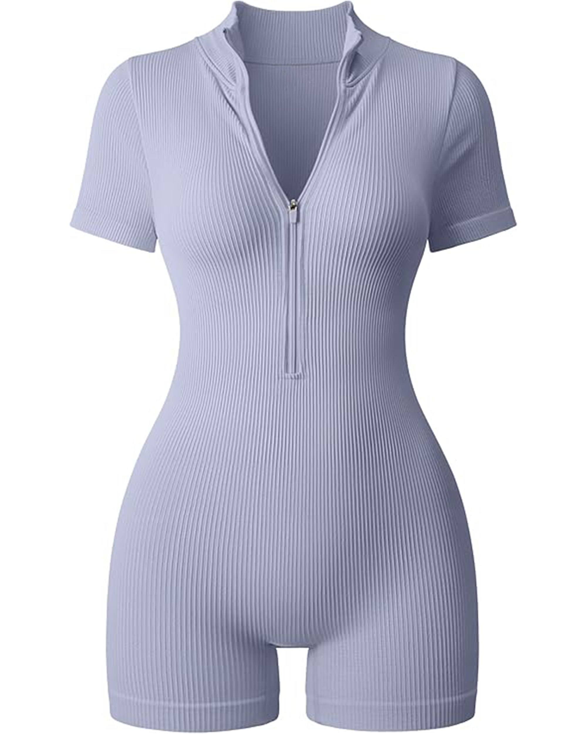 Yvyvlolo Women Ribbed Short Sleeve Zip Front Stretch Tummy Control Yoga Workout Jumpsuits