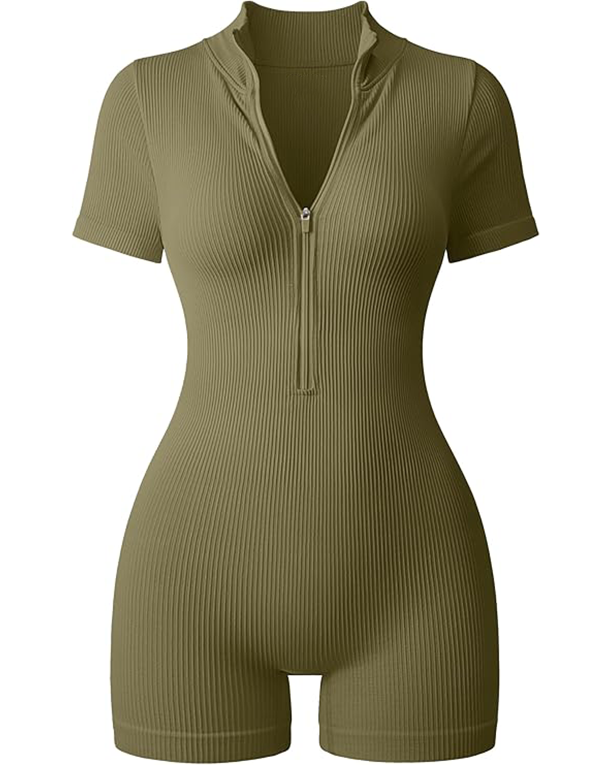 Yvyvlolo Women Ribbed Short Sleeve Zip Front Stretch Tummy Control Yoga Workout Jumpsuits