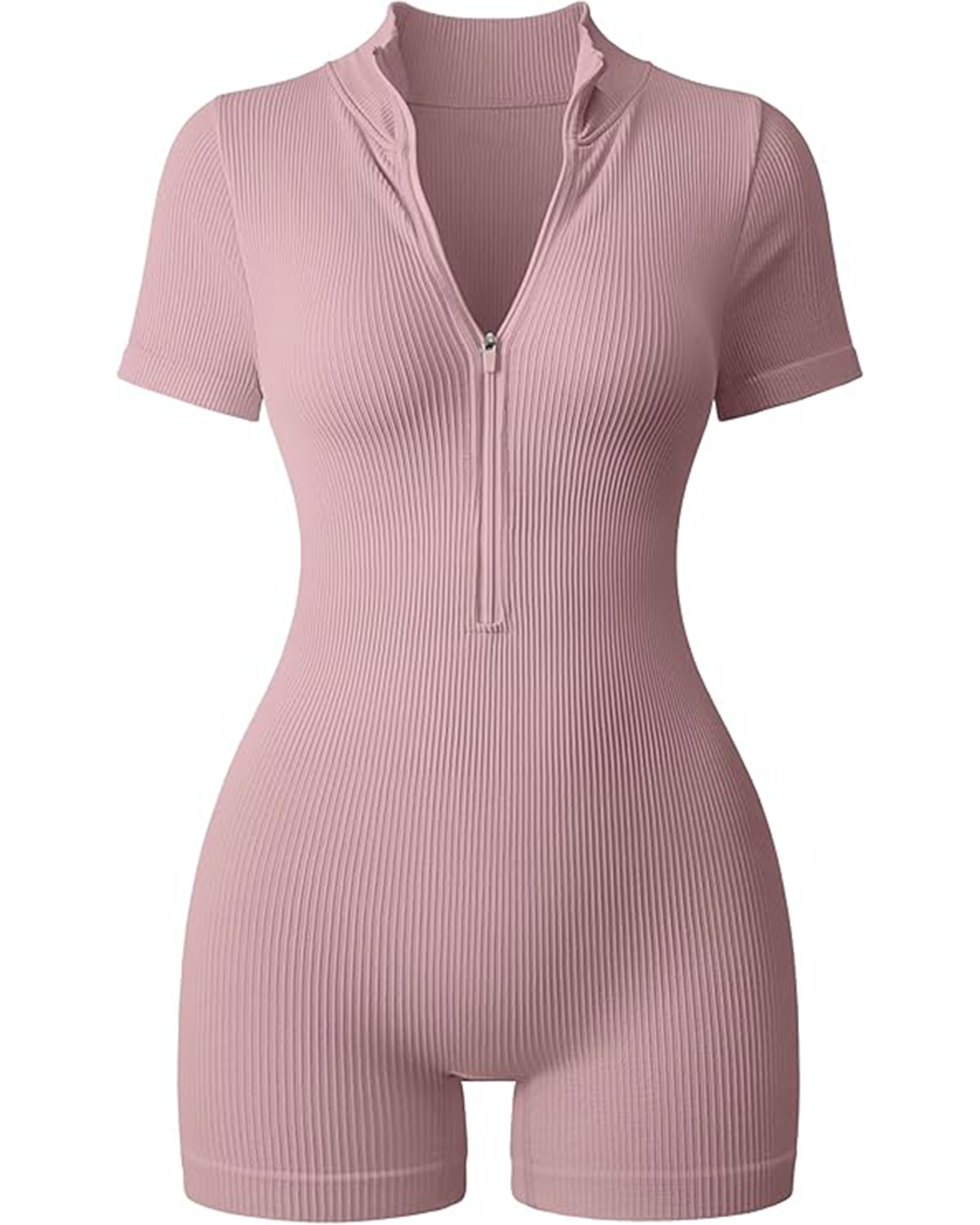 Yvyvlolo Women Ribbed Short Sleeve Zip Front Stretch Tummy Control Yoga Workout Jumpsuits
