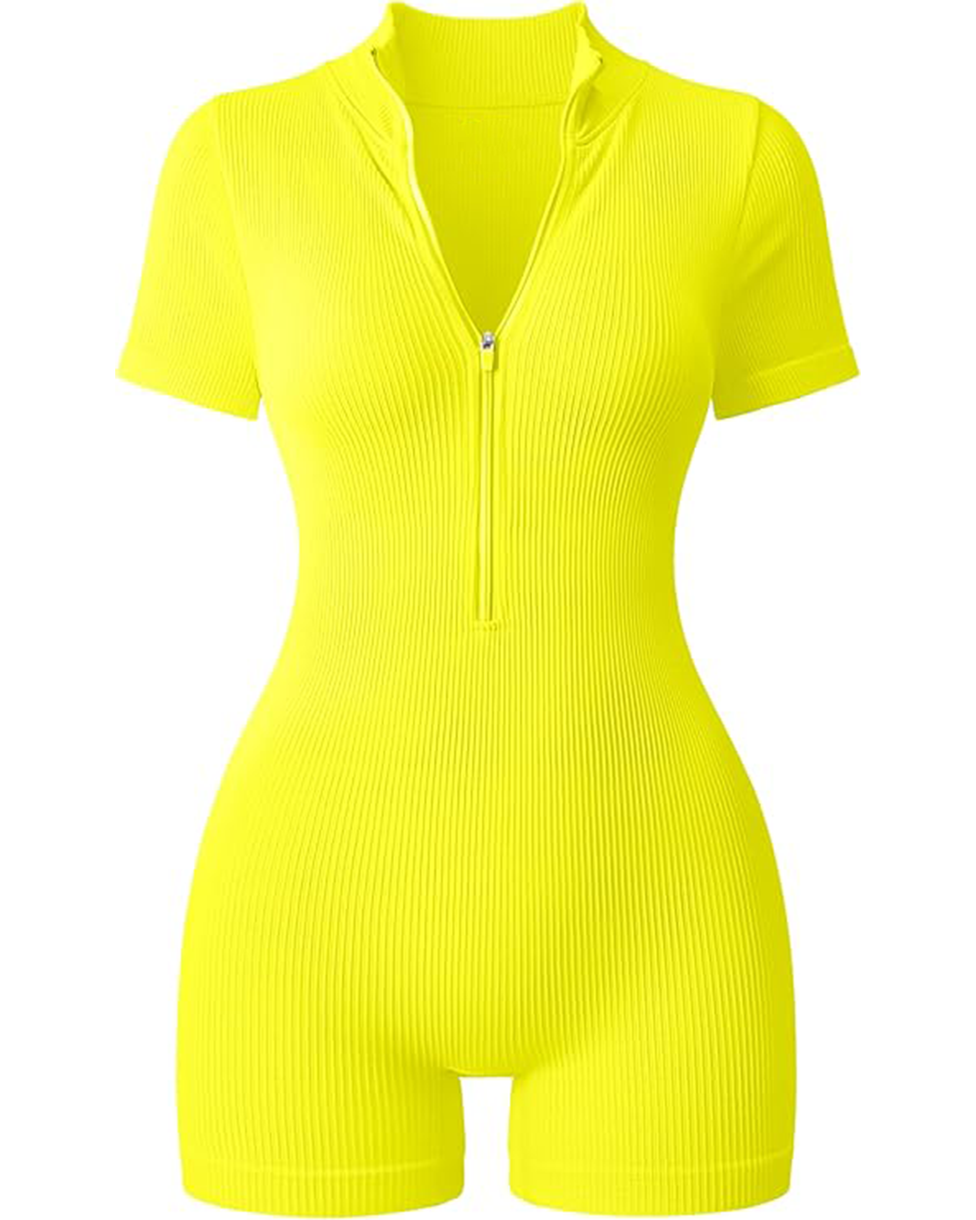 Yvyvlolo Women Ribbed Short Sleeve Zip Front Stretch Tummy Control Yoga Workout Jumpsuits