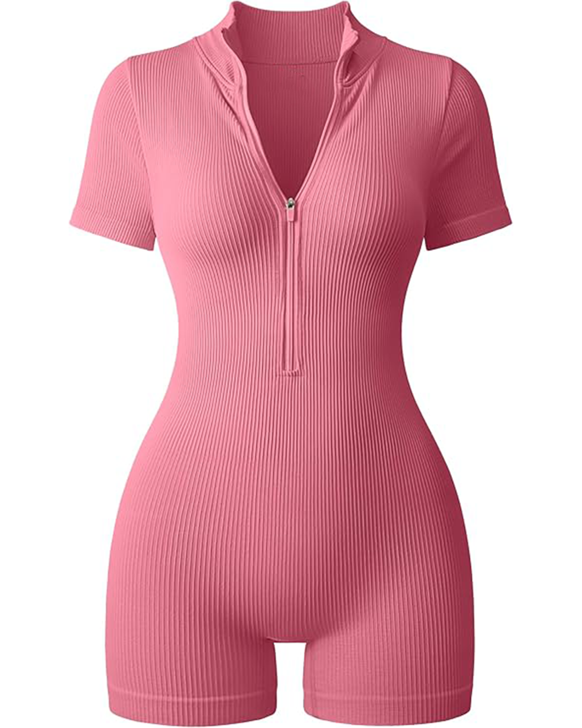 Yvyvlolo Women Ribbed Short Sleeve Zip Front Stretch Tummy Control Yoga Workout Jumpsuits