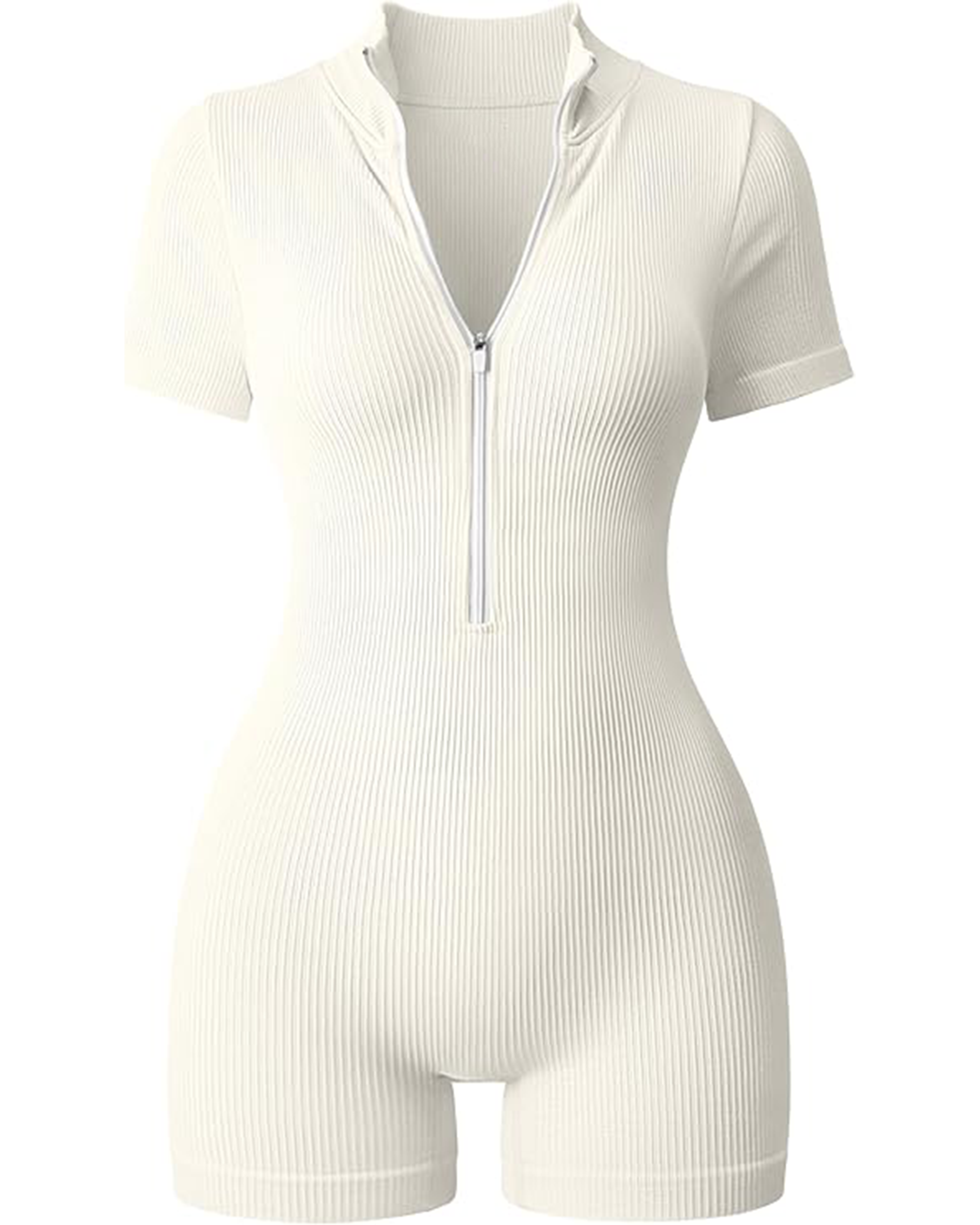 Yvyvlolo Women Ribbed Short Sleeve Zip Front Stretch Tummy Control Yoga Workout Jumpsuits
