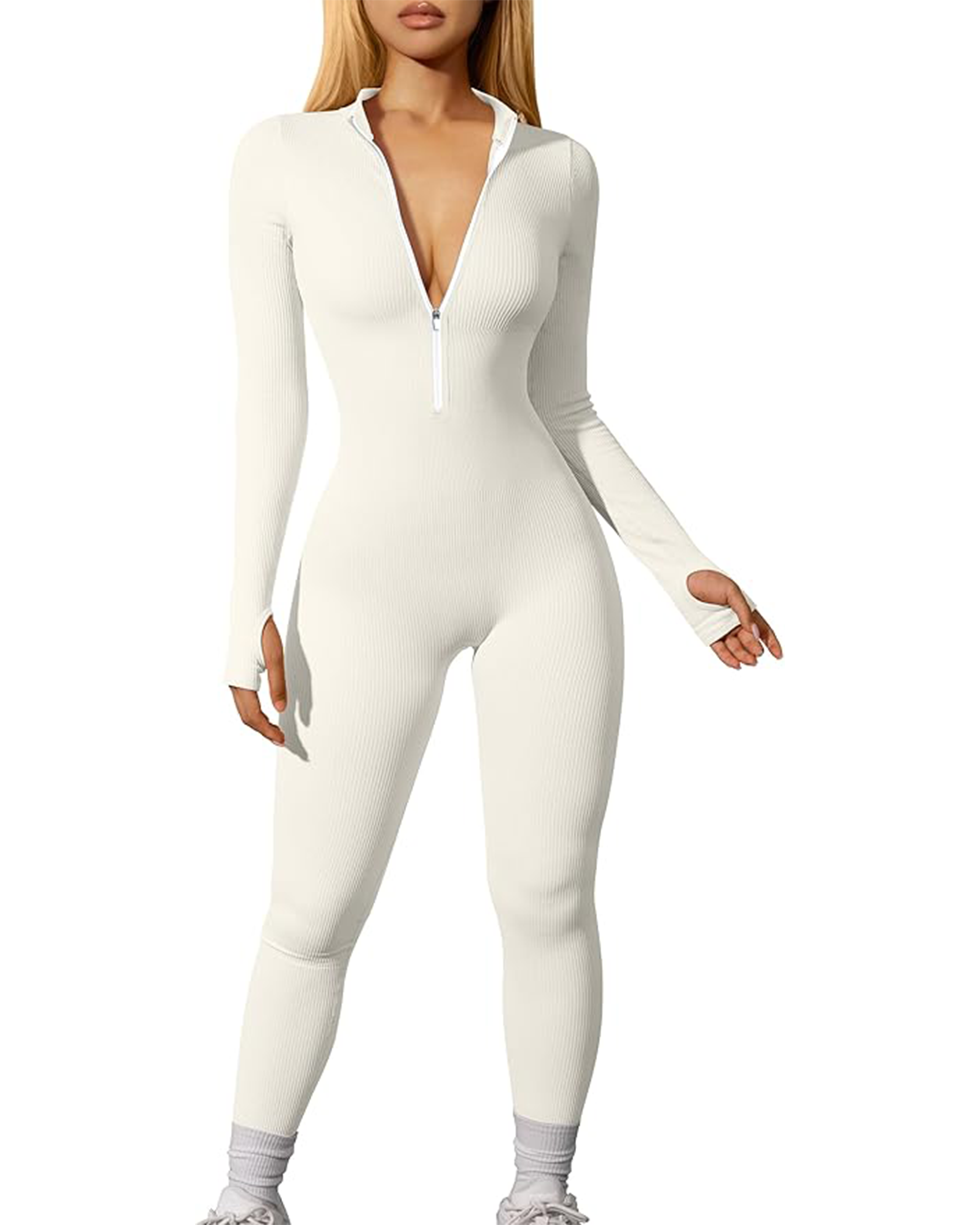 Yvyvlolo Women's Ribbed Long Sleeve Zip Front Yoga Jumpsuits