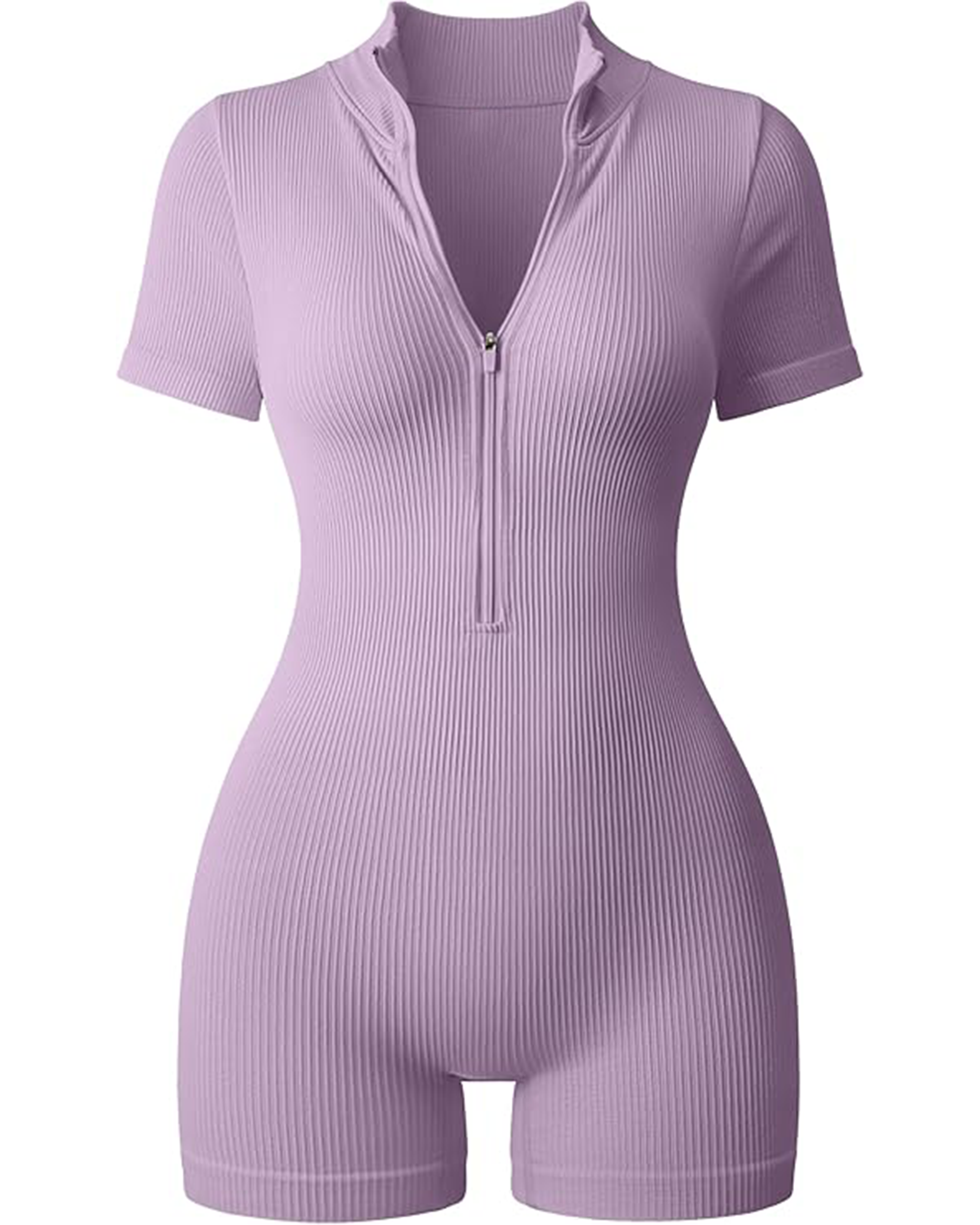 Yvyvlolo Women Ribbed Short Sleeve Zip Front Stretch Tummy Control Yoga Workout Jumpsuits