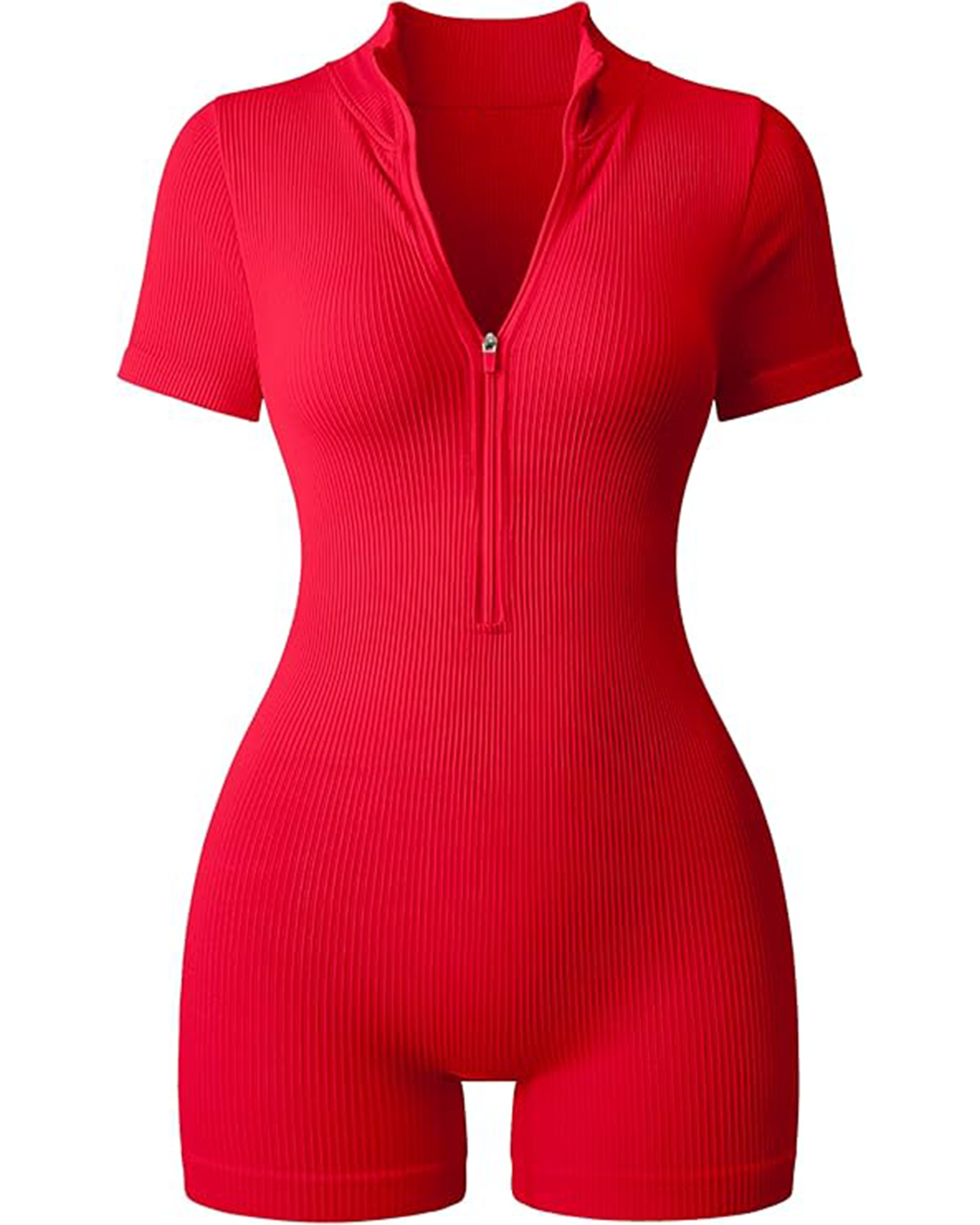 Yvyvlolo Women Ribbed Short Sleeve Zip Front Stretch Tummy Control Yoga Workout Jumpsuits