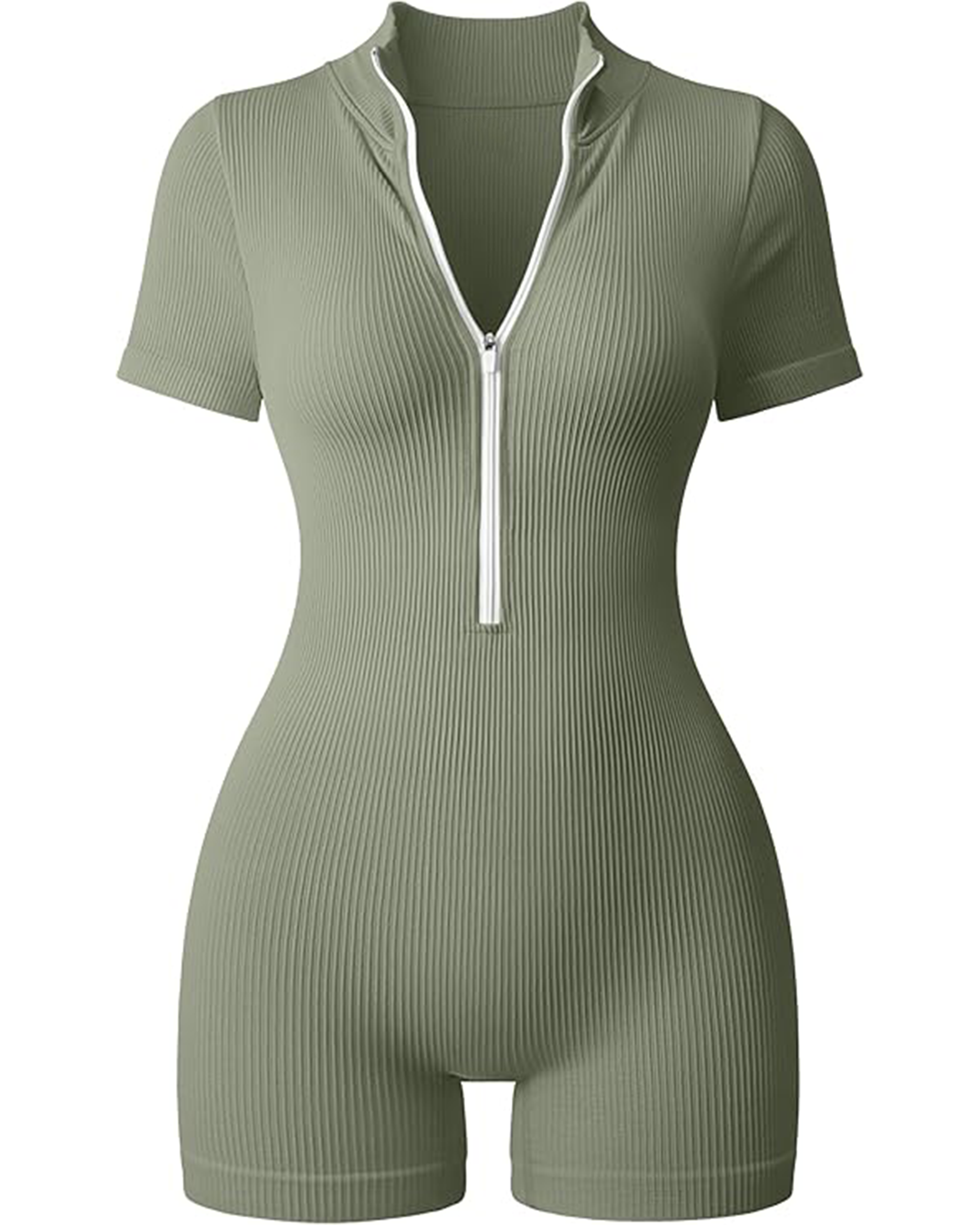 Yvyvlolo Women Ribbed Short Sleeve Zip Front Stretch Tummy Control Yoga Workout Jumpsuits