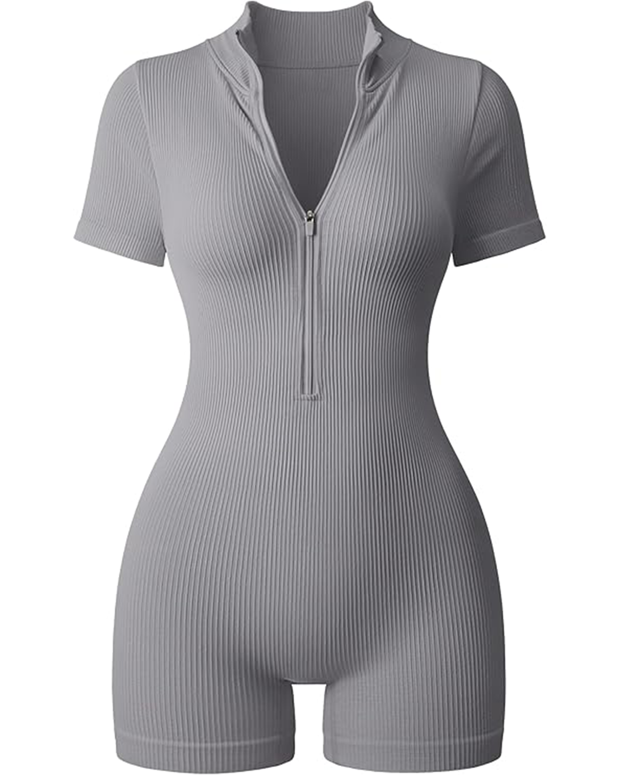 Yvyvlolo Women Ribbed Short Sleeve Zip Front Stretch Tummy Control Yoga Workout Jumpsuits