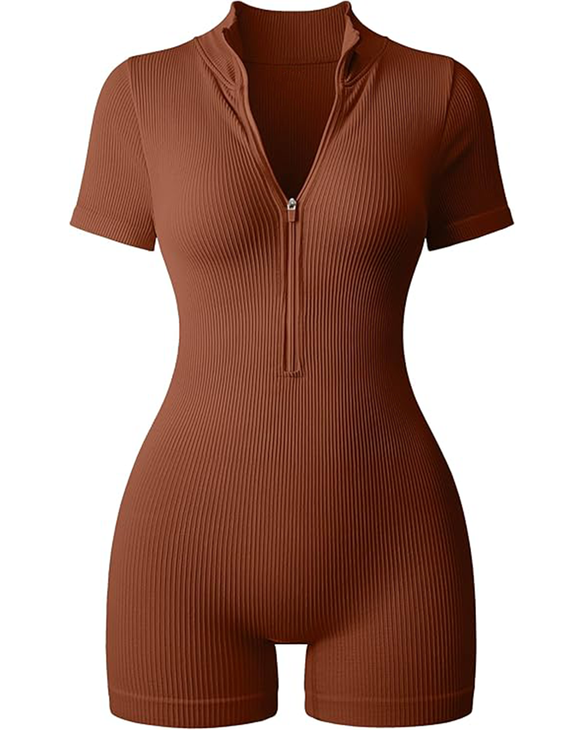 Yvyvlolo Women Ribbed Short Sleeve Zip Front Stretch Tummy Control Yoga Workout Jumpsuits