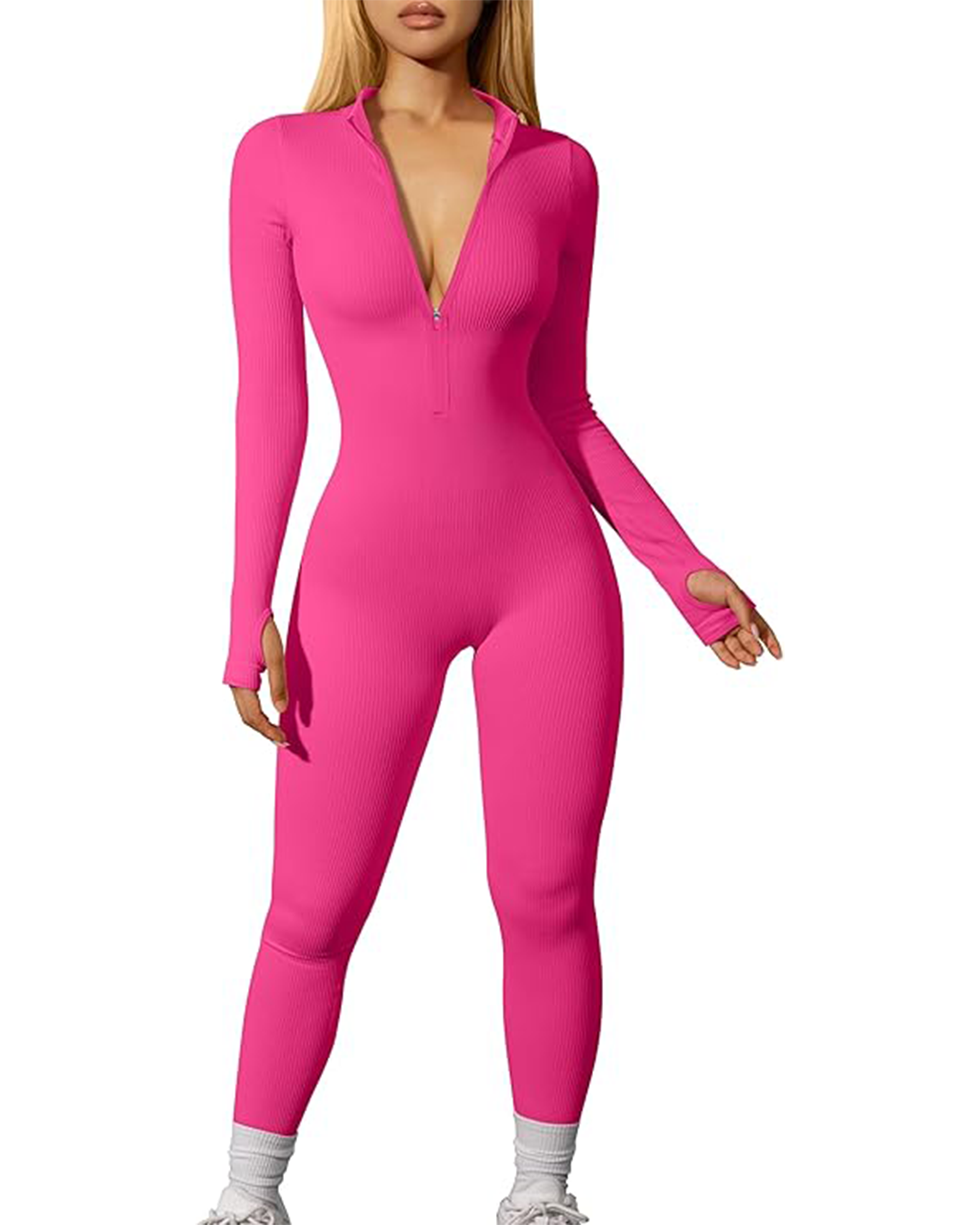 Yvyvlolo Women's Ribbed Long Sleeve Zip Front Yoga Jumpsuits