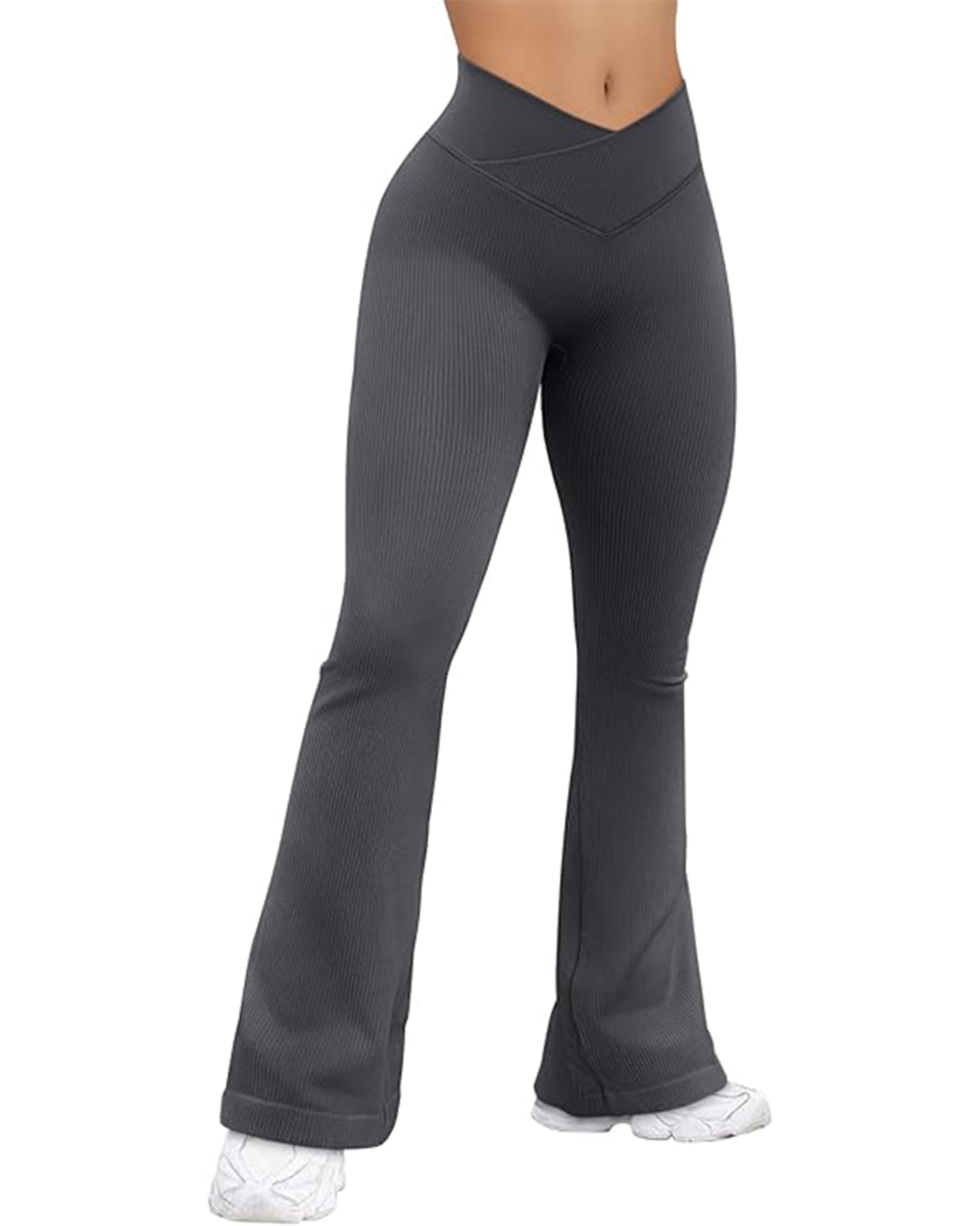 Yvyvlolo Women's Flared Ribbed Cross Over High Waist Yoga Pants