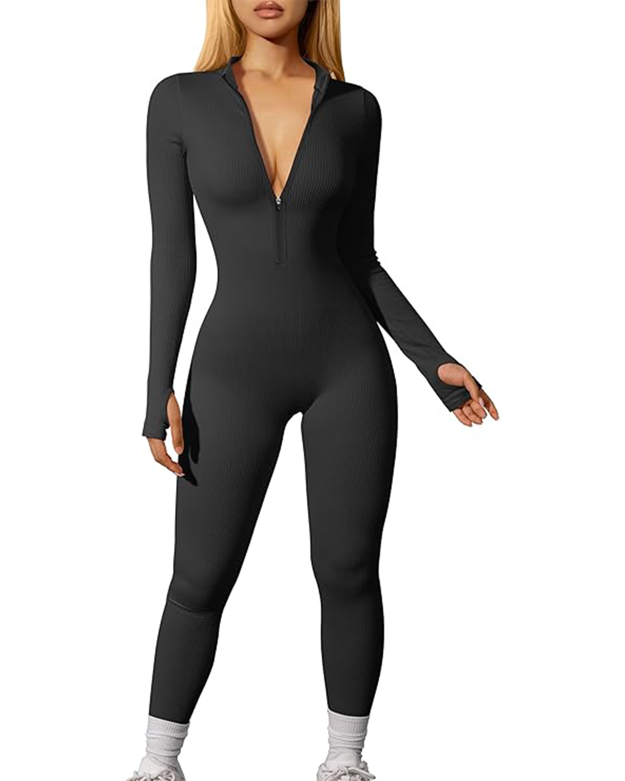 Yvyvlolo Women's Ribbed Long Sleeve Zip Front Yoga Jumpsuits