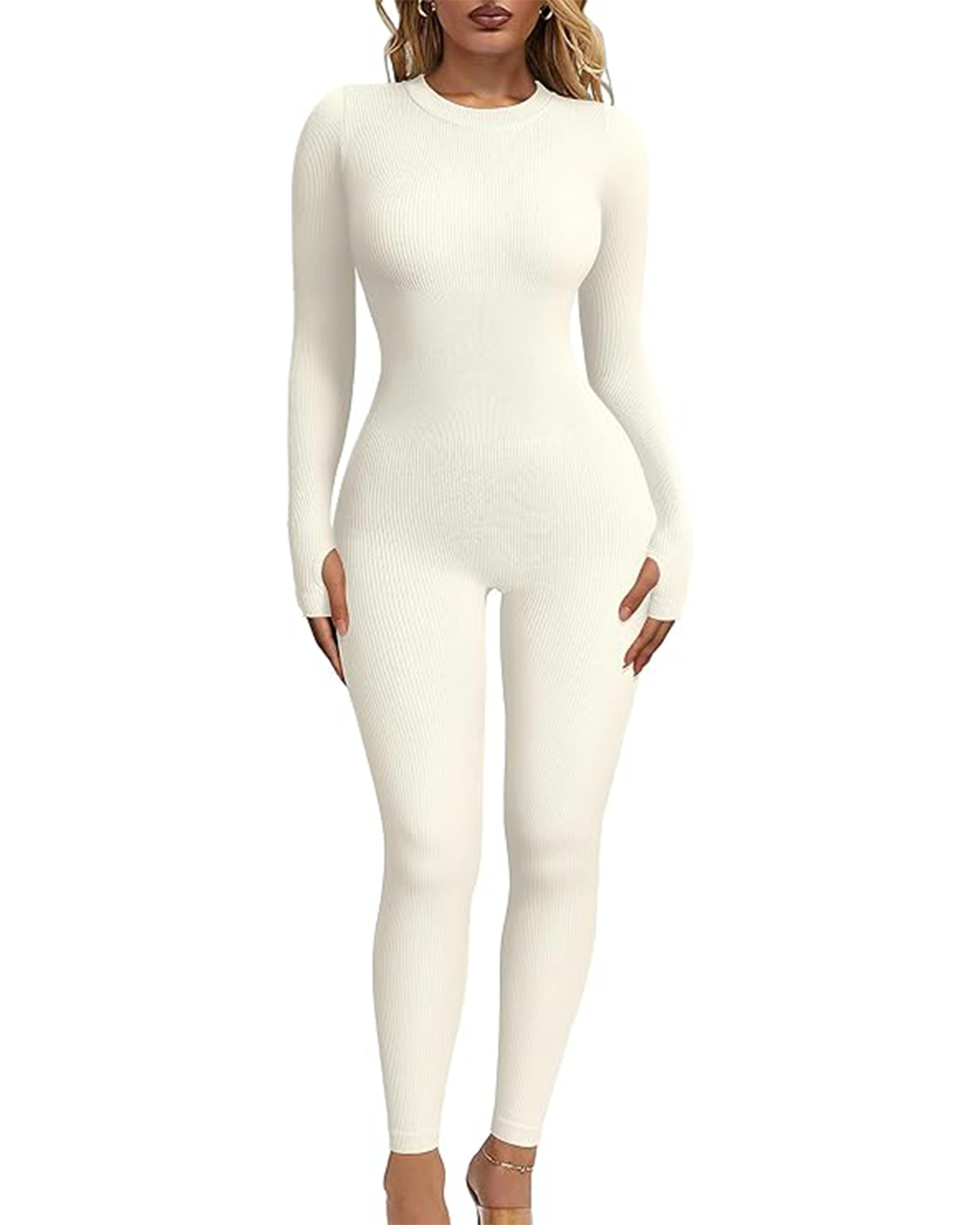 Women‘s Ribbed Long Sleeve Crew Neck Yoga Jumpsuits