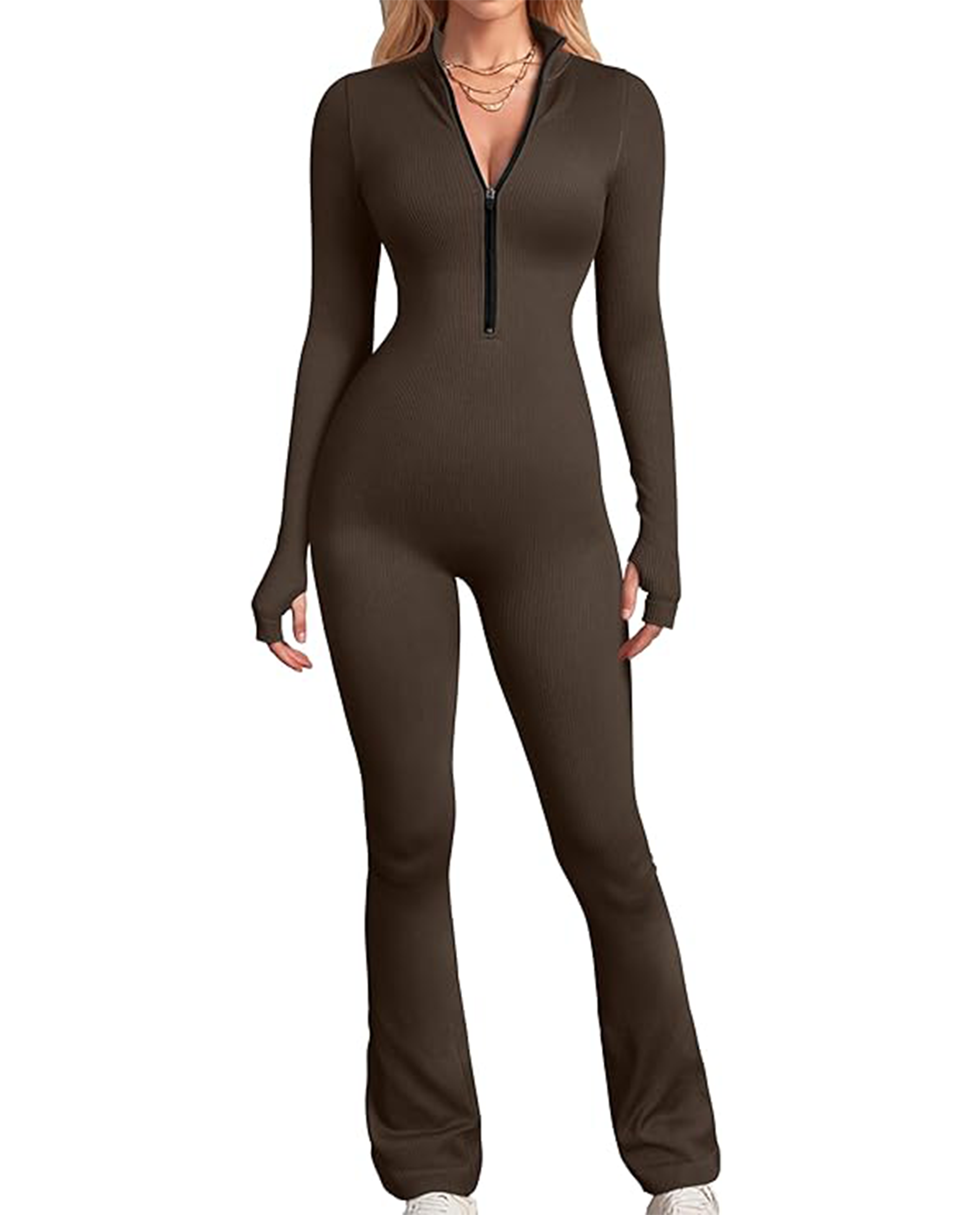 Yvyvlolo Women's Ribbed Long Sleeve Zip Front Flared Yoga Jumpsuits