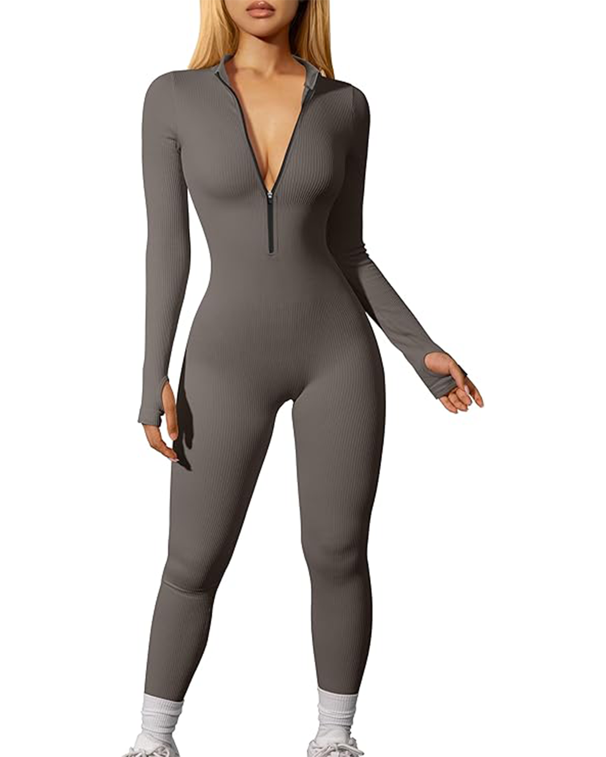 Yvyvlolo Women's Ribbed Long Sleeve Zip Front Yoga Jumpsuits