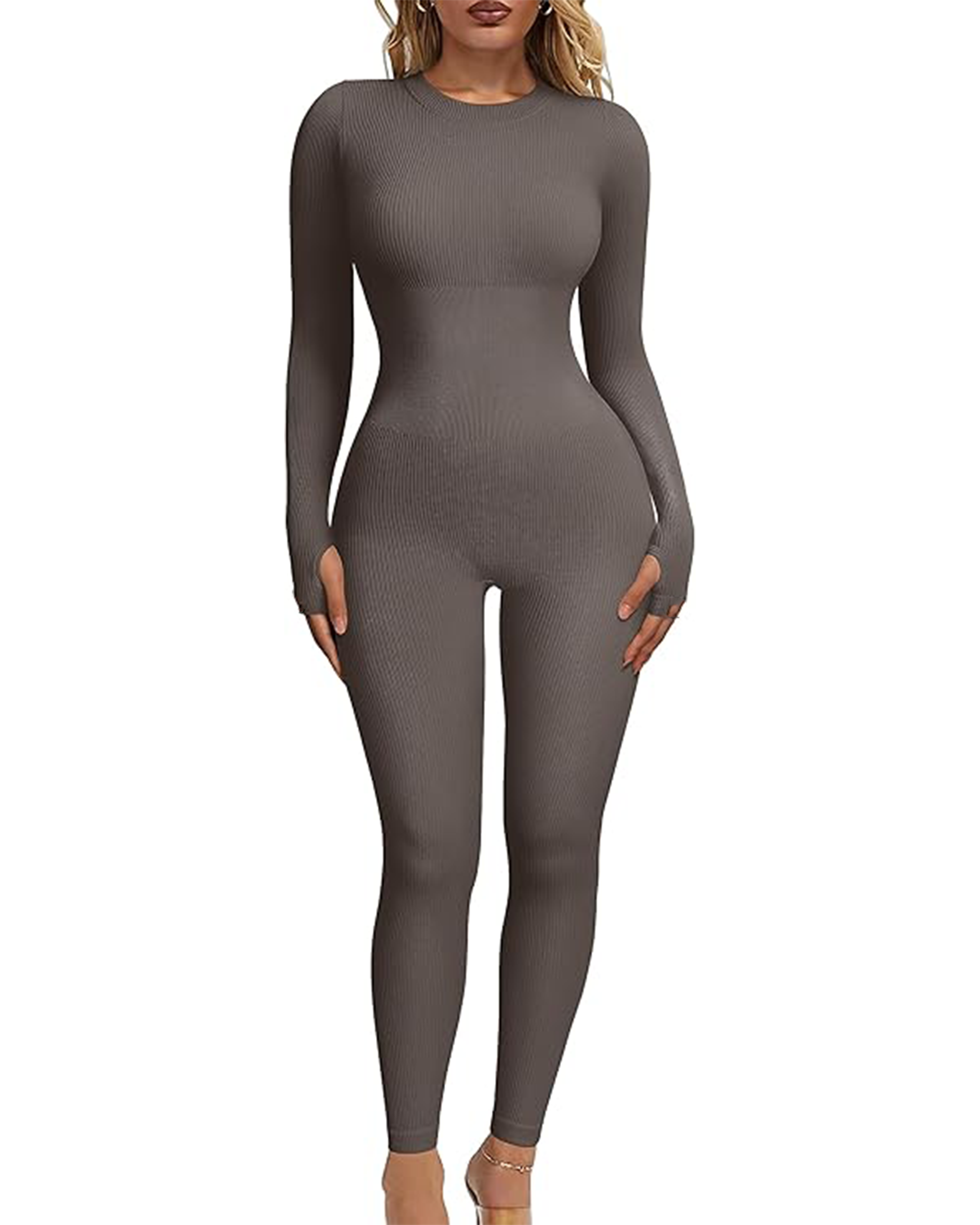 Women‘s Ribbed Long Sleeve Crew Neck Yoga Jumpsuits