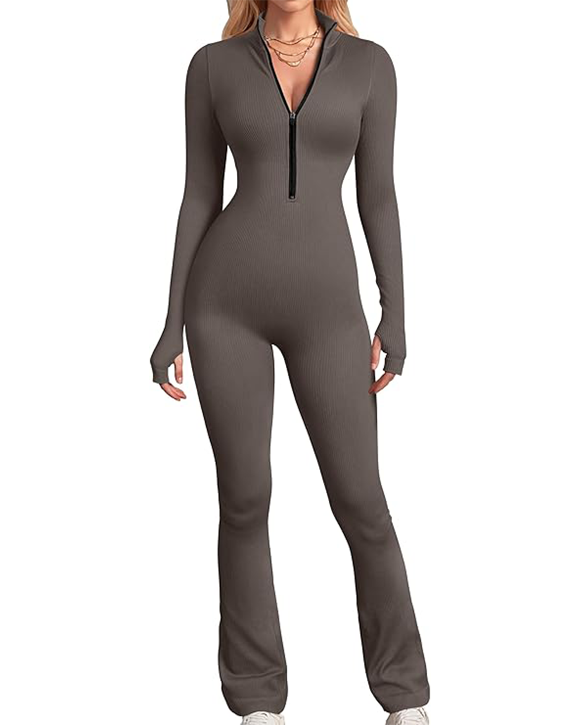Yvyvlolo Women's Ribbed Long Sleeve Zip Front Flared Yoga Jumpsuits