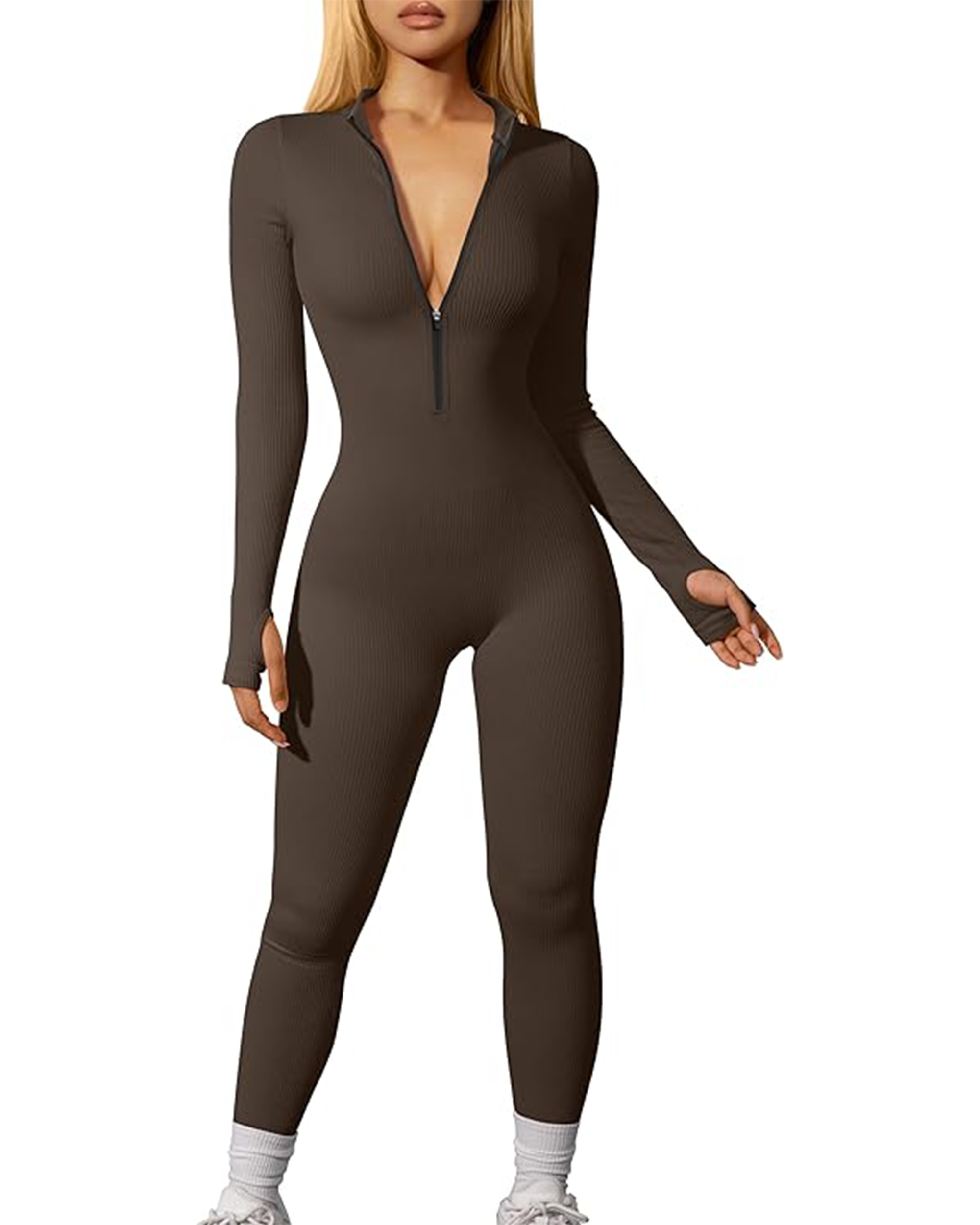 Yvyvlolo Women's Ribbed Long Sleeve Zip Front Yoga Jumpsuits