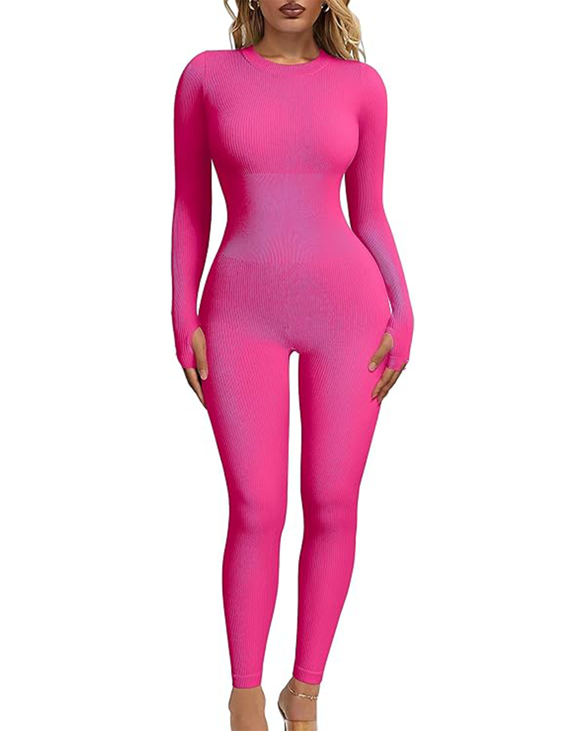 Women‘s Ribbed Long Sleeve Crew Neck Yoga Jumpsuits