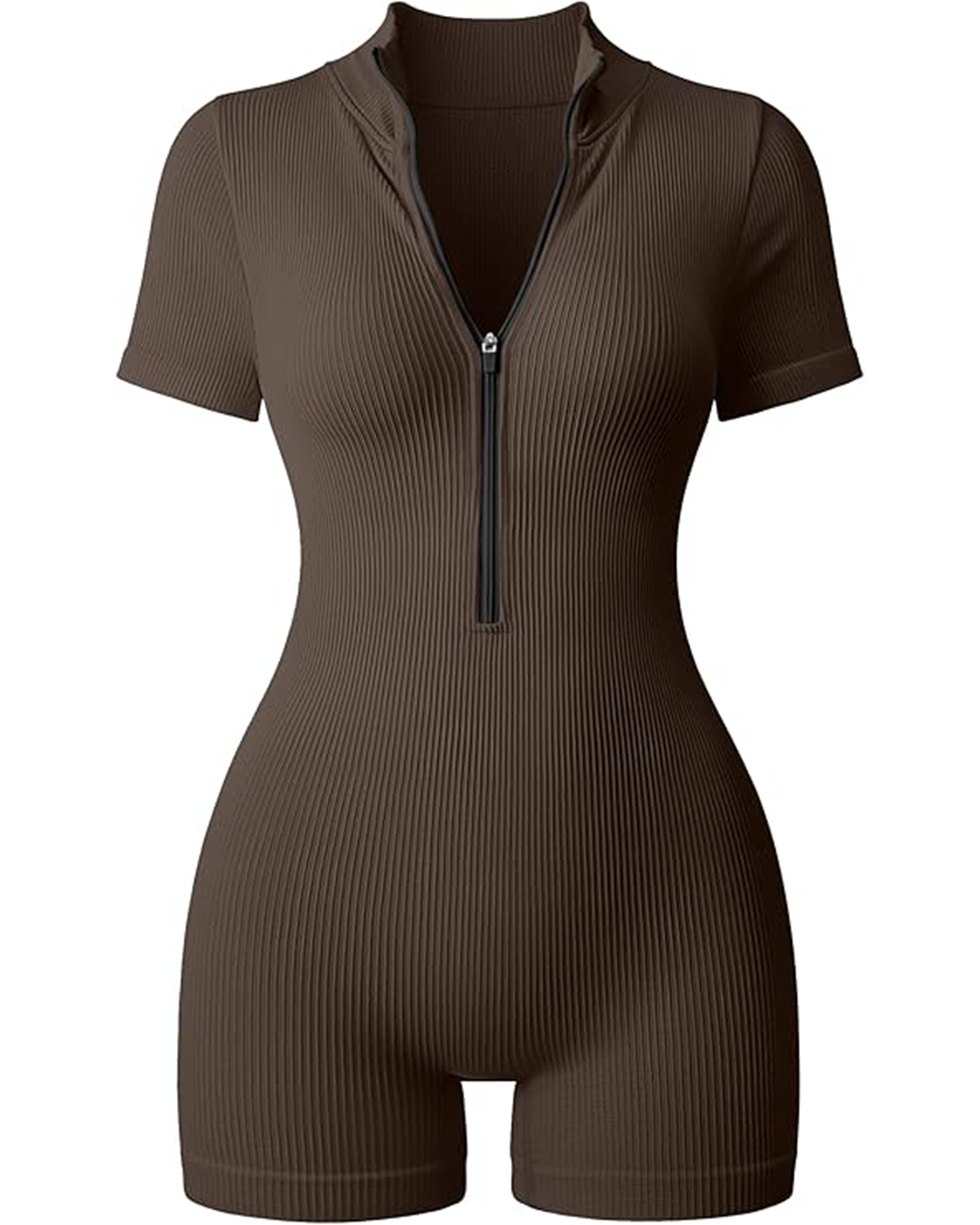 Yvyvlolo Women Ribbed Short Sleeve Zip Front Stretch Tummy Control Yoga Workout Jumpsuits