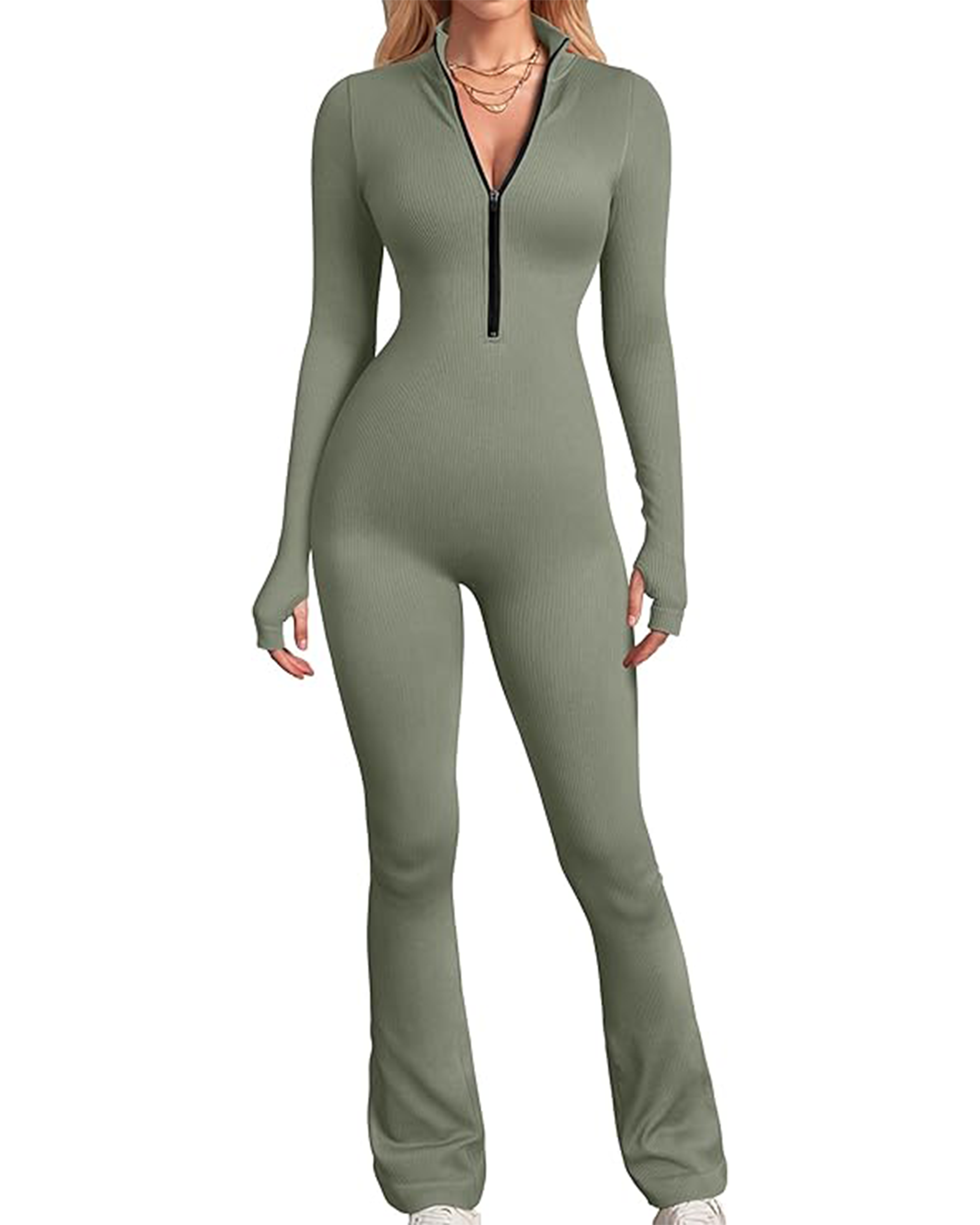 Yvyvlolo Women's Ribbed Long Sleeve Zip Front Flared Yoga Jumpsuits