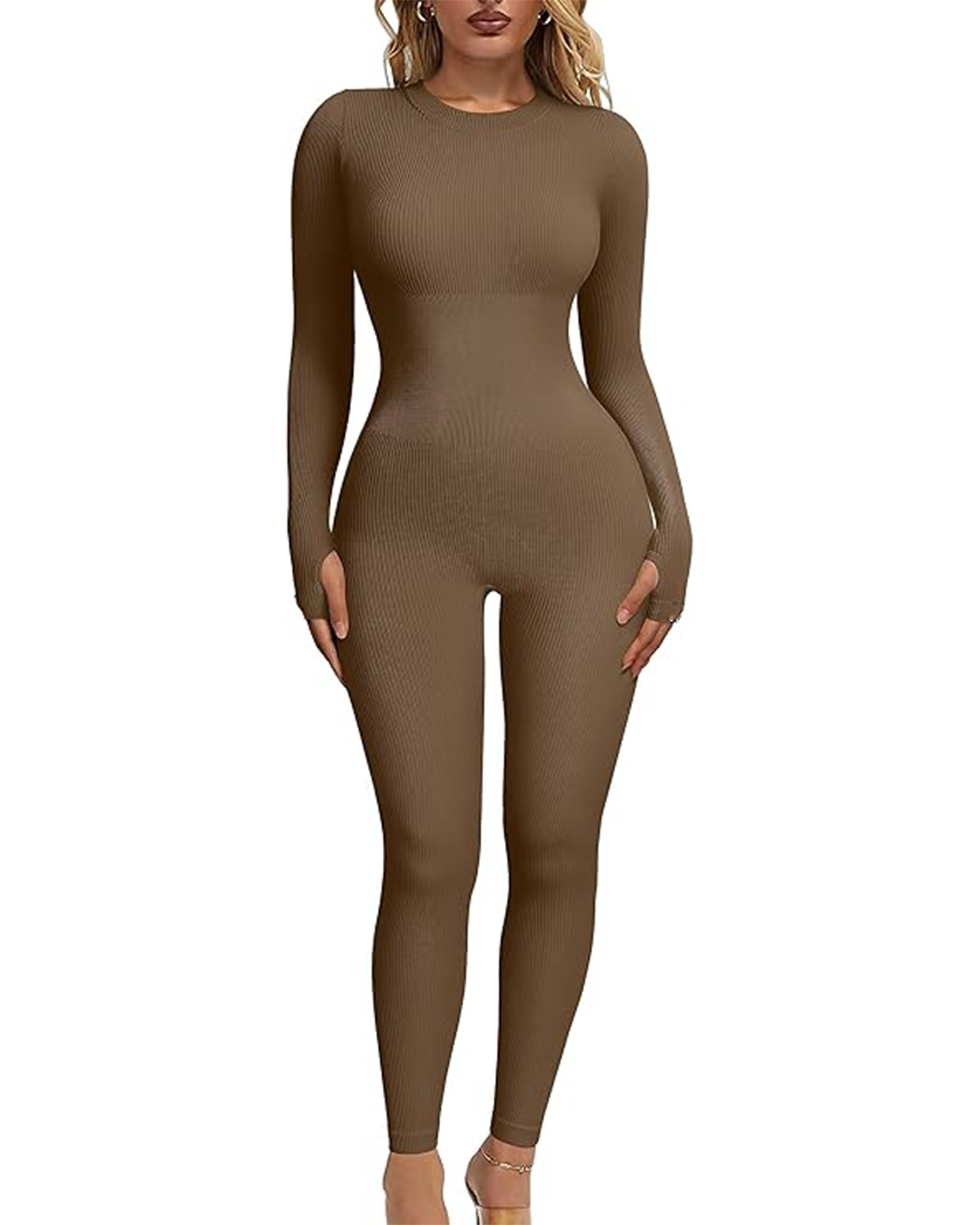 Women‘s Ribbed Long Sleeve Crew Neck Yoga Jumpsuits