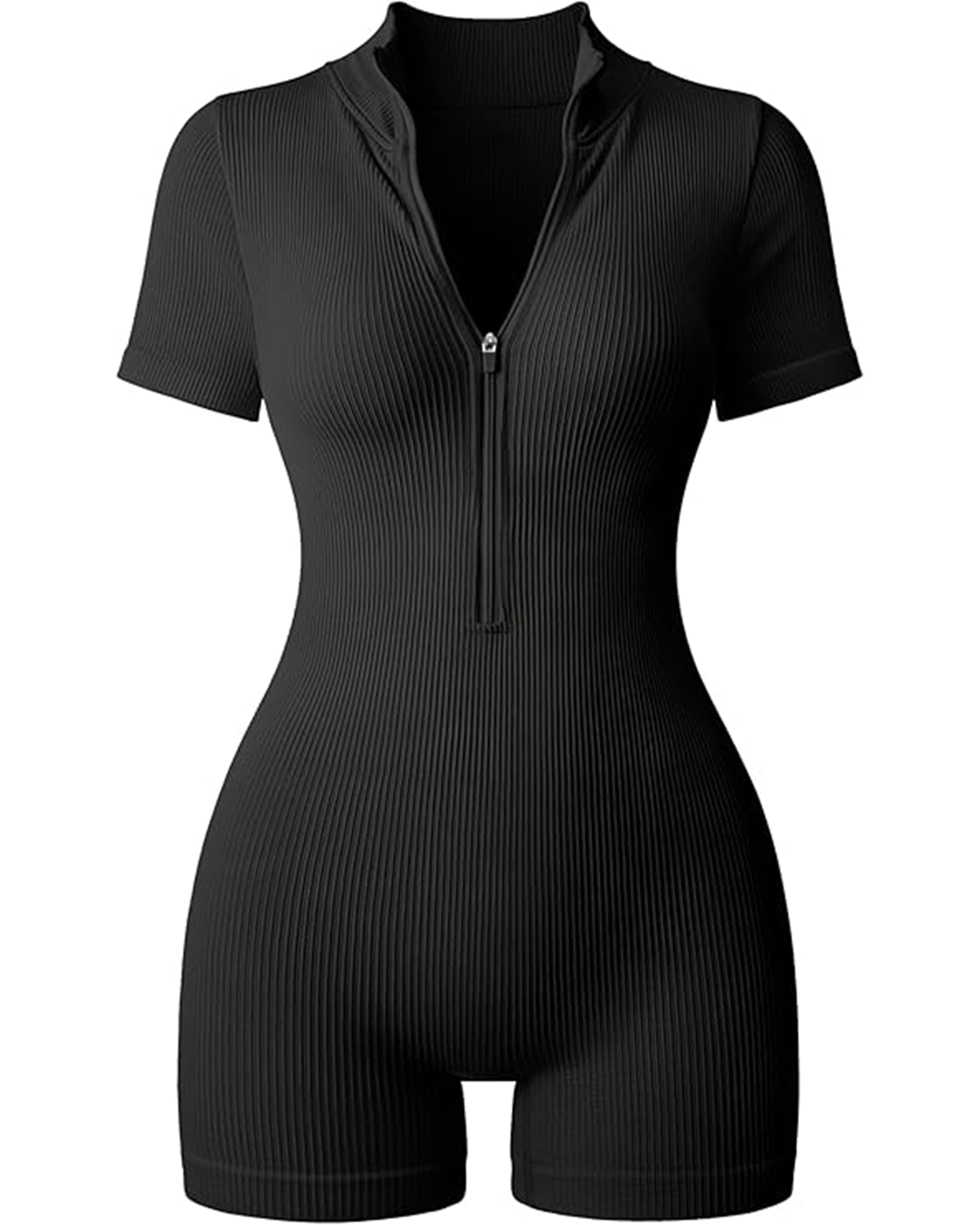 Yvyvlolo Women Ribbed Short Sleeve Zip Front Stretch Tummy Control Yoga Workout Jumpsuits