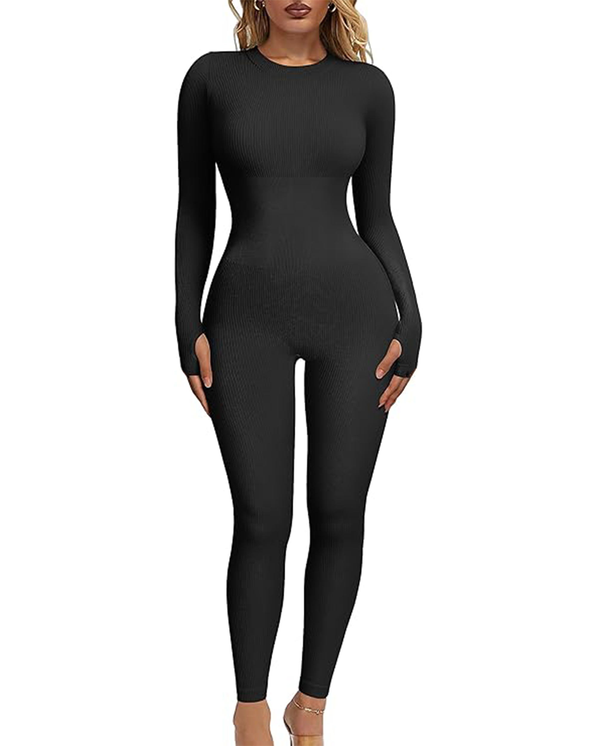 Women‘s Ribbed Long Sleeve Crew Neck Yoga Jumpsuits