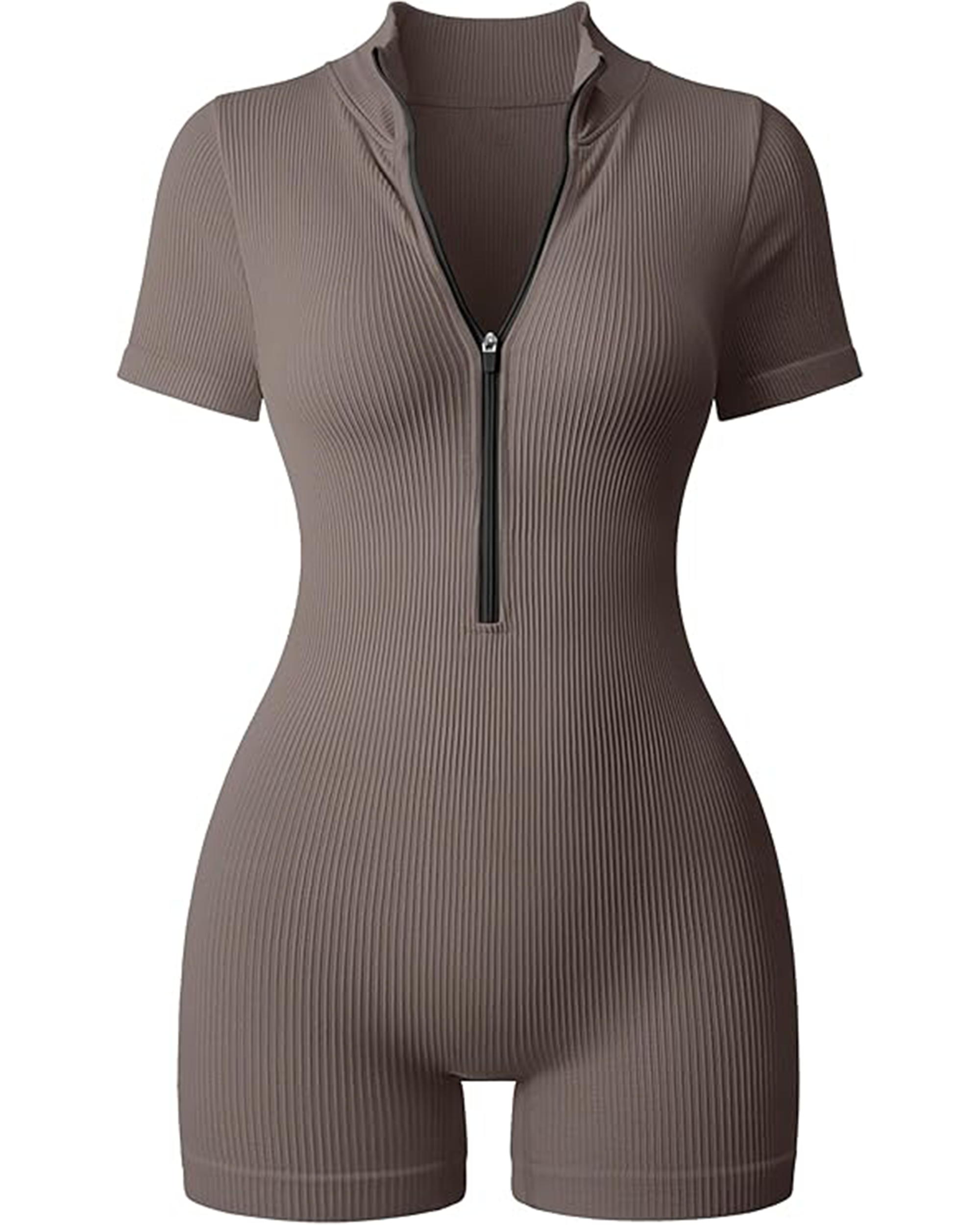 Yvyvlolo Women Ribbed Short Sleeve Zip Front Stretch Tummy Control Yoga Workout Jumpsuits